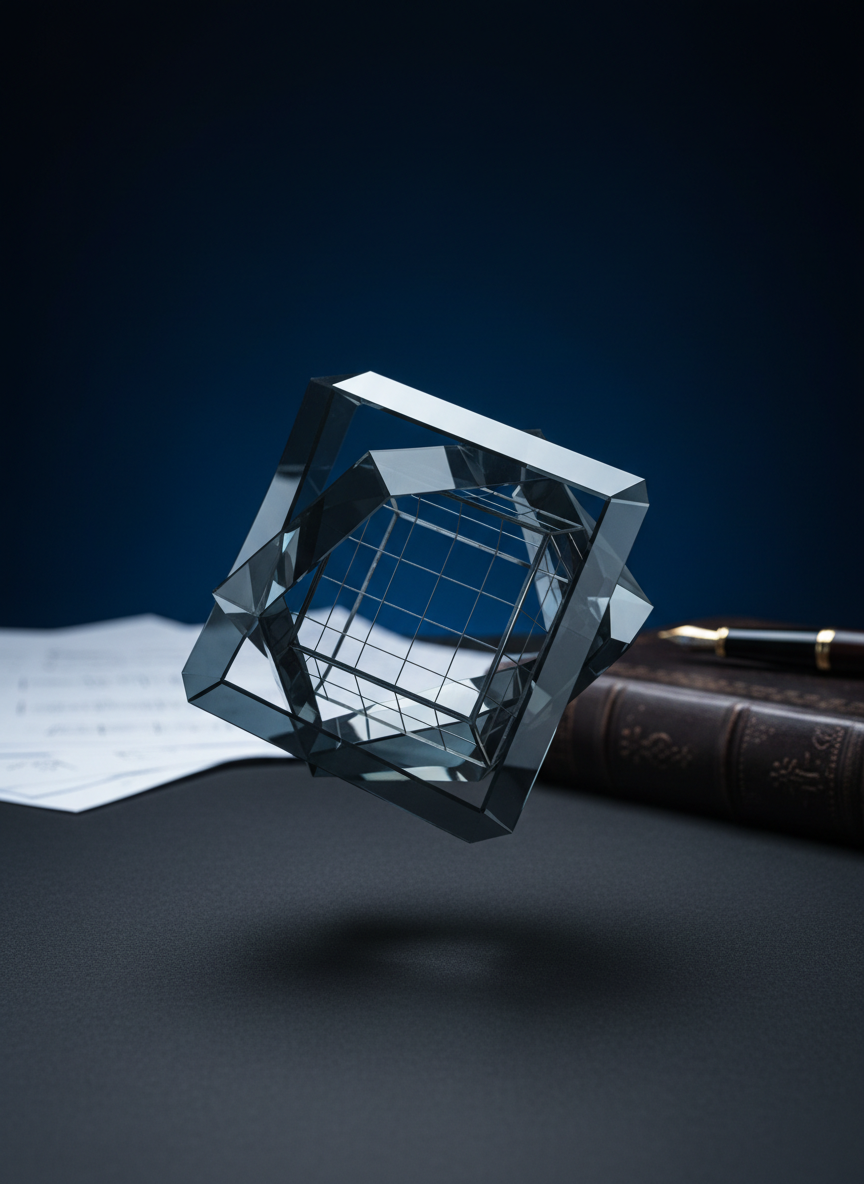 An elegant, hyper-realistic close-up of a three-dimensional geometric framework representing spacetime: intertwined translucent grids and minimalistic polyhedral structures in cool steel-blue and graphite tones, suspended in mid-air above a matte black surface. In the background, out of focus, lie neatly stacked technical papers and a fountain pen resting on a closed, embossed volume. Directional studio lighting from the left creates precise reflections along the geometric edges and a subtle rim light against a deep, velvety backdrop. Captured from a slightly low angle with a cinematic, rule-of-thirds composition, the image conveys rigor, precision, and the necessity of underlying structure in physics, with a clean, modern photographic aesthetic.